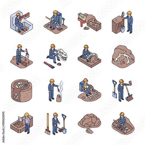 Paleontologist Excavating Dinosaur Fossils and Ancient Artifacts.