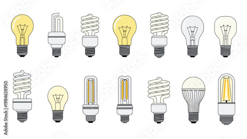 Assorted light bulbs including incandescent led and fluorescent spiral types showing energy and lighting technology.