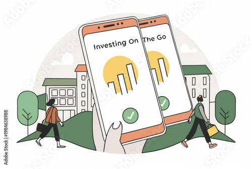 Woman hand holding smartphone with investment app, while people walk in city. Mobile trading and online finance concept. Vector illustration