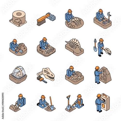 Paleontologist Excavating Dinosaur Fossils in Various Dig Sites.