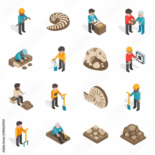 Isometric people engaged in various archaeological excavation tasks.