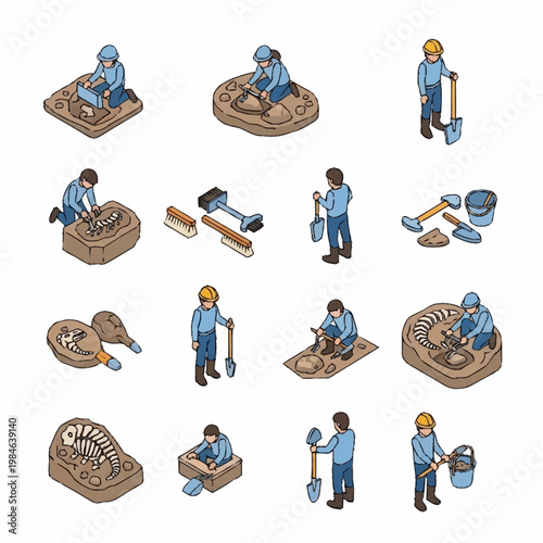Archaeological Dig Site Illustrations With People and Tools.