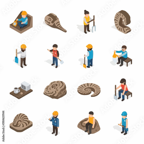 Paleontology Icons Set Fossil Digging Excavation Discovery.