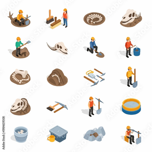 Paleontologist Excavating Dinosaur Fossils and Tools.