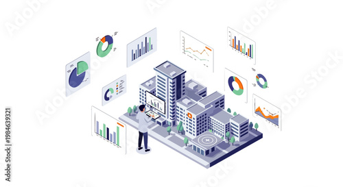 Isometric Smart City Management and Healthcare Data Analytics Illustration featuring Urban Infrastructure, Digital Dashboards, and Hospital Buildings