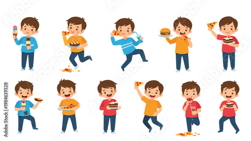 Cartoon boy character in various poses eating unhealthy snacks like pizza cake and ice cream showing child behavior.
