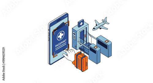 Digital Health Passport App for Travel, Isometric Illustration of Mobile Medical Document Scanner at Airport Gate with Airplane and Suitcase