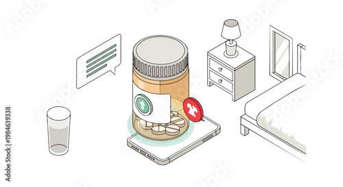 Isometric Illustration of Telemedicine and Online Pharmacy Concept with Medicine Bottle on Smartphone and Bedside Setting