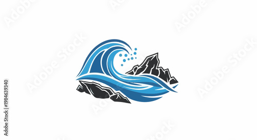 Stylized blue wave crashing over jagged black rocks with spray
