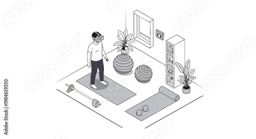 Isometric Illustration of a Man Exercising in a Virtual Reality Home Gym with Fitness Equipment