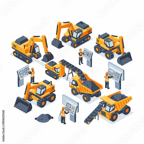 Construction vehicles and workers in a quarry setting illustration.