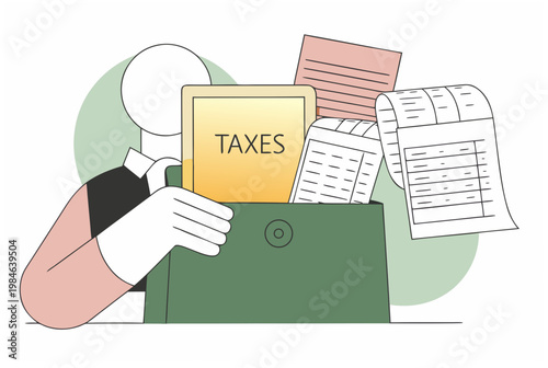 Person holding file folder with taxes, receipts, and documents for finance and accounting concept. Flat outline vector illustration