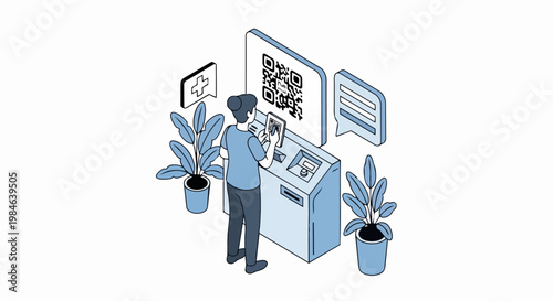 Isometric Healthcare Kiosk Illustration: Woman Scanning QR Code for Medical Check-in and Patient Registration at Digital Terminal
