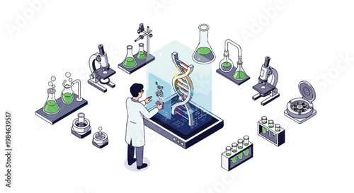 Scientist Analyzing DNA Hologram in Isometric Laboratory, Biotechnology and Genetic Engineering Research Illustration