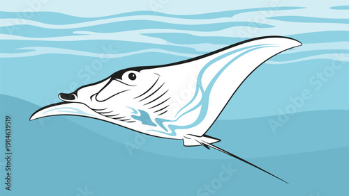 Graceful manta ray swimming in deep blue ocean water showing stylized body patterns and long thin tail.