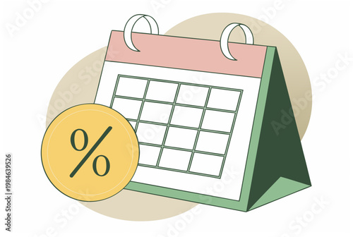 Desk calendar with percent symbol. Tax season and financial paperwork concept. Flat style icon for business and planning illustration