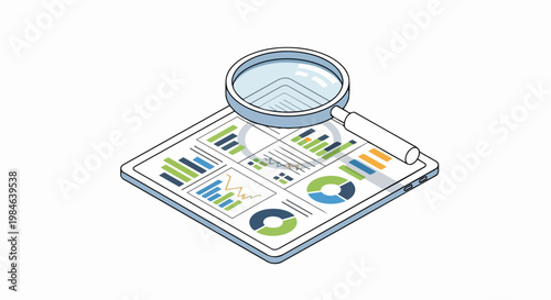 Isometric Business Data Analysis Illustration with Tablet and Magnifying Glass - Financial Dashboard, Reports, and Analytics Research Concept