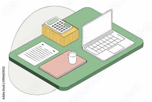 Desk with laptop, calculator, document, book and cup. Office workspace for tax season, finance or accounting concept. Isometric vector illustration