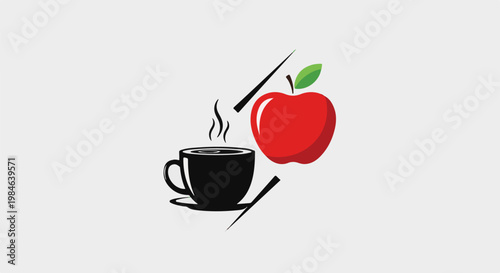 Stylized black coffee cup with steam and a red apple with a leaf