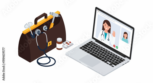 Isometric Telemedicine Illustration of Online Medical Consultation with Female Doctor on Laptop and Medical Equipment