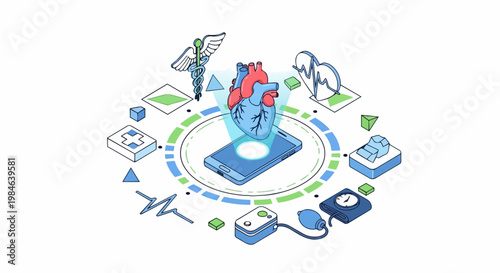 Isometric Digital Health and Cardiology Concept Illustration with Human Heart, Smartphone, and Medical Icons for Telemedicine and mHealth Apps