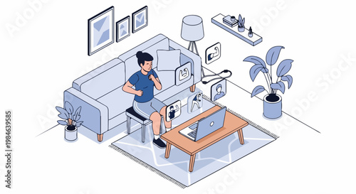Isometric Vector Illustration of a Young Woman Exercising at Home with Online Fitness Training, Virtual Workout Class on Laptop, and Digital Health Concept