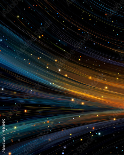 Cosmic Radiance: An evocative abstract scene of luminous streaks of color, mirroring stardust trails and celestial dance across a dark expanse.