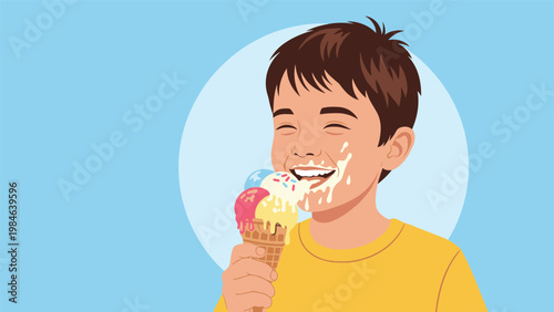 Happy young boy with ice cream messy face holding large cone with three colorful scoops against blue circle.