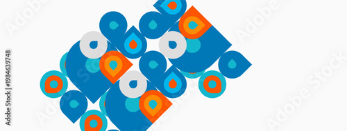 Abstract geometric pattern. Blue, orange circles overlap white squares. Minimalist design, clean lines, modern aesthetic. Simple composition.