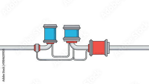 Technical diagram illustrating a complex industrial piping system with blue reservoirs and red valves connected by grey pipes.