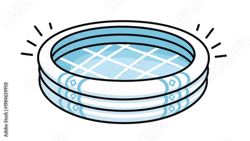 Round blue inflatable pool filled with water features a grid pattern at the bottom and white rings on its sides.