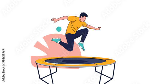 Man wearing a yellow t-shirt and dark pants jumps energetically on a trampoline with a stylized background element.