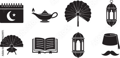 Middle Eastern, Islamic icons, black silhouettes, 8 elements, vector graphics