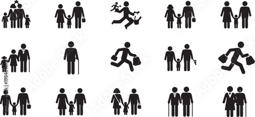 Black people icons, human silhouettes, family and business graphics, 20 monochrome pictograms