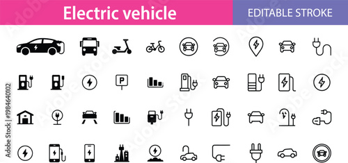 Electric vehicle icons set, editable stroke, black and white, for eco-friendly transportation design Vector
