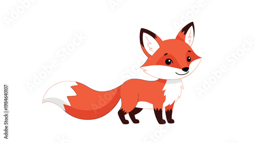 Adorable orange fox illustration features large expressive eyes, black-tipped ears and paws, and a bushy white-tipped tail.