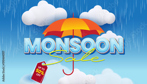 Special offer monsoon discount poster with clouds and raindrops