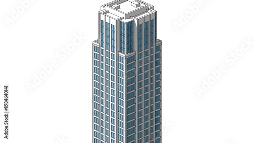 Modern architectural skyscraper features multiple windows and a tiered top section against a plain white background.