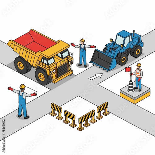 Construction workers directing traffic at a road intersection with heavy machinery.