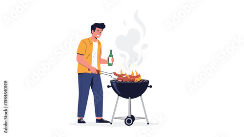 Happy man in a yellow shirt and blue pants prepares grilled sausages on a round charcoal barbecue in the backyard.