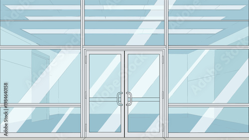 Empty modern building entrance features double glass doors and large glass panels reflecting light within a clean interior.