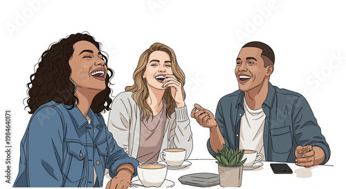 Three friends laughing heartily while enjoying coffee together, capturing a moment of joy and connection