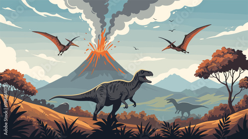 Prehistoric landscape features a large dinosaur on a hill with pterosaurs flying near an erupting volcano in the background.