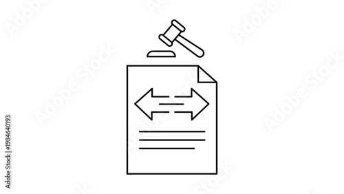 Arbitration Clause Minimalist Black Line Vector Icon on White Background Representing a Legal Document with a Gavel and Double Arrow for Dispute Resolution and Contract Law Illustration.