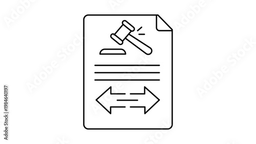 Arbitration Clause Vector Icon: A minimalist black line illustration of a legal document featuring a judge's gavel and opposing arrows, representing dispute resolution, mediation, and law.