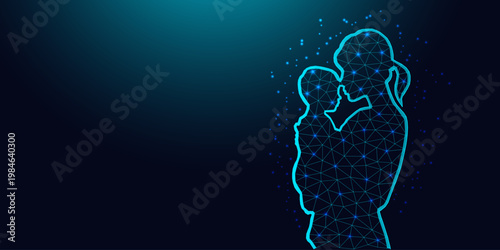 Low poly wireframe of a mother holding her child on dark blue background.