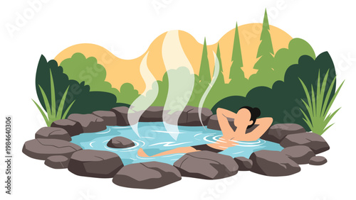 Person relaxes in a natural steaming hot spring surrounded by rocks and a lush green forest at sunset or sunrise.