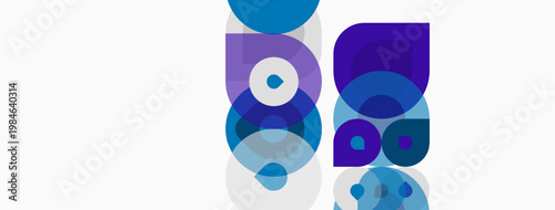 Abstract geometric shapes overlap, creating layered blue purple design. Minimalist composition, clean aesthetic, modern visual elements.