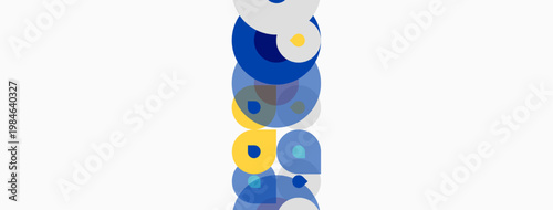 Abstract composition featuring overlapping circles, blue, yellow hues. Minimalist design, clean aesthetic, modern artwork. Simple shapes create visual interest.
