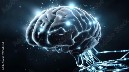 Futuristic holographic human brain display sci-fi environment digital art electric blue neural signals high-tech concept